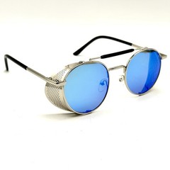 Gothic Steampunk Round Sunglasses Silver & Black Designer Frame & Mirrored Lens