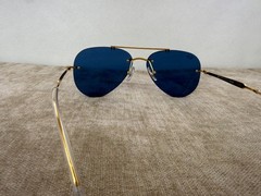 Ray-Ban RB3791 Rimless Aviator Sunglasses, Gold Frame, Solid Blue Lens