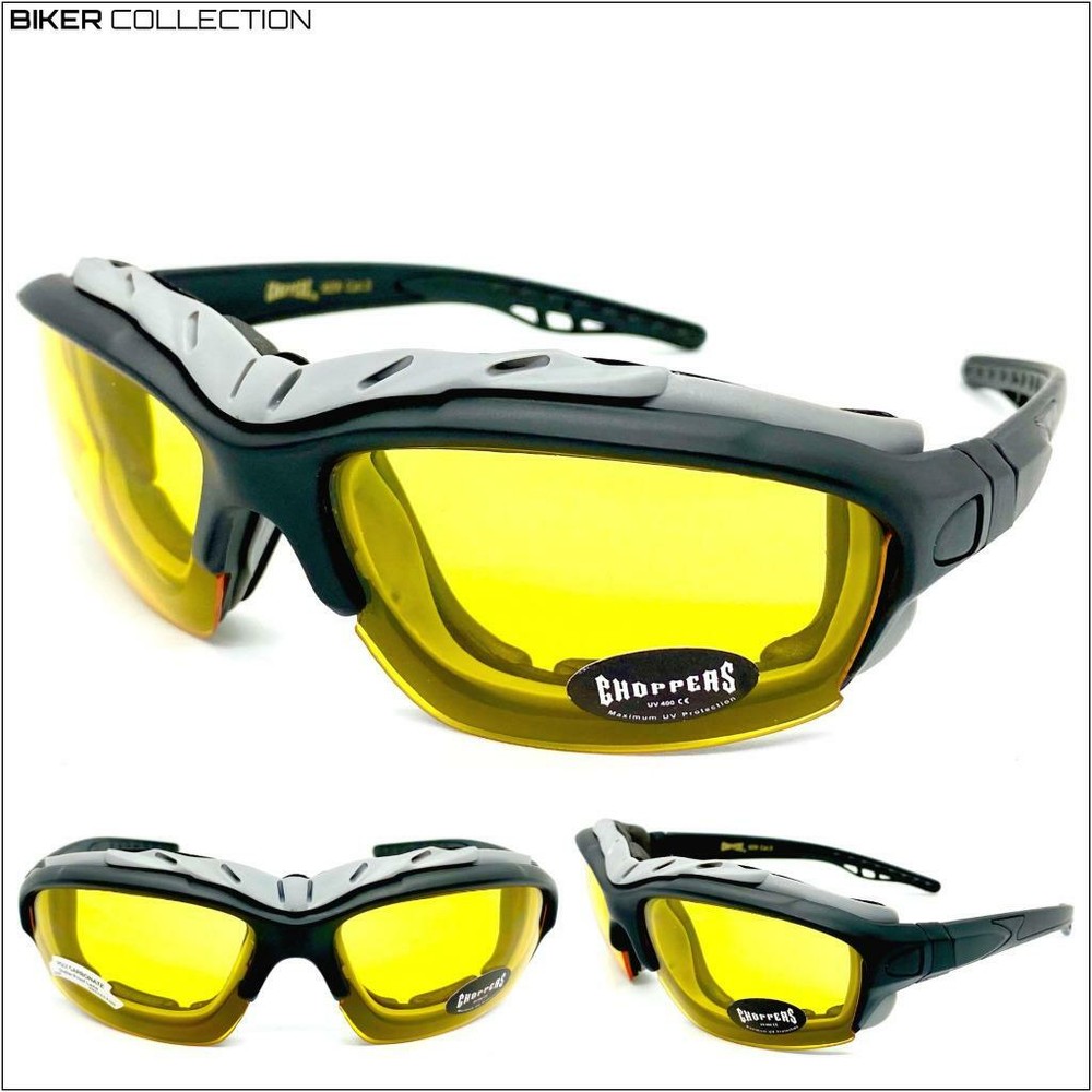 MOTORCYCLE Night Riding Padded Safety Protective SUN GLASSES GOGGLES Yellow Lens