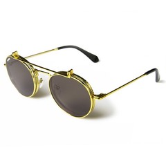 GLVSS Brand ‘Huncho’ Metal Round Flip-Up Sunglasses Gold Frame Smoke Tint Lens