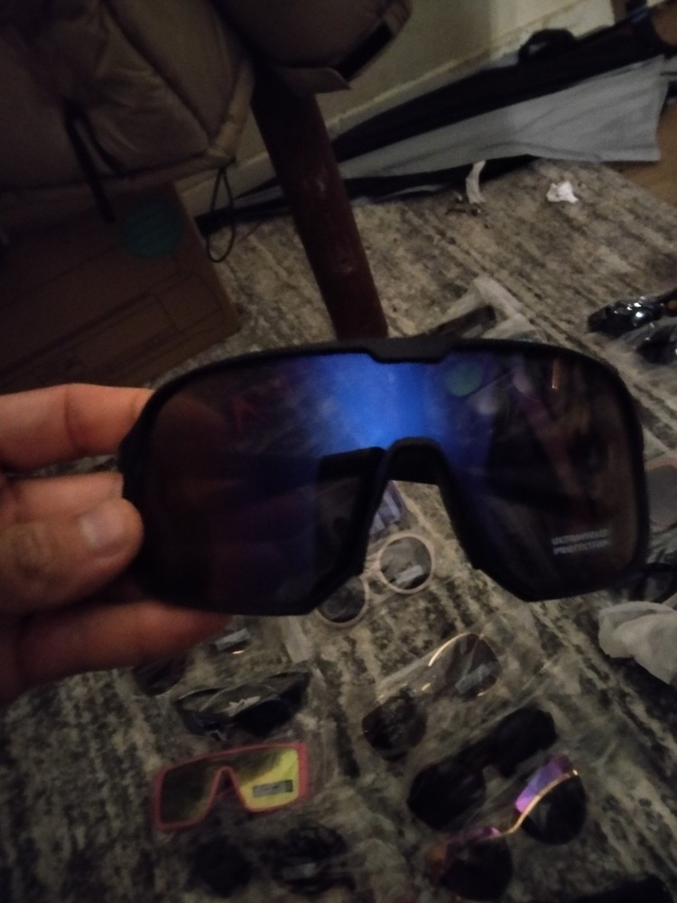 Men’s Wrap Shield Sunglasses Blue Mirrored Lenses Black Plastic Frame Solid