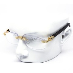 Rimless Sunglasses Gold Clear Lens Wood Grain Arms Rhinestone Accents Hip Hop