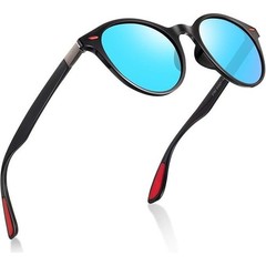 Mens Round Sunglasses Polarized Blue Mirror Lenses Black Frame Sporty Style 2026