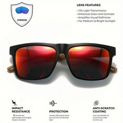 Square Wood Grain Sunglasses UV400 Spring Hinge Unisex Driving Travel Hiking