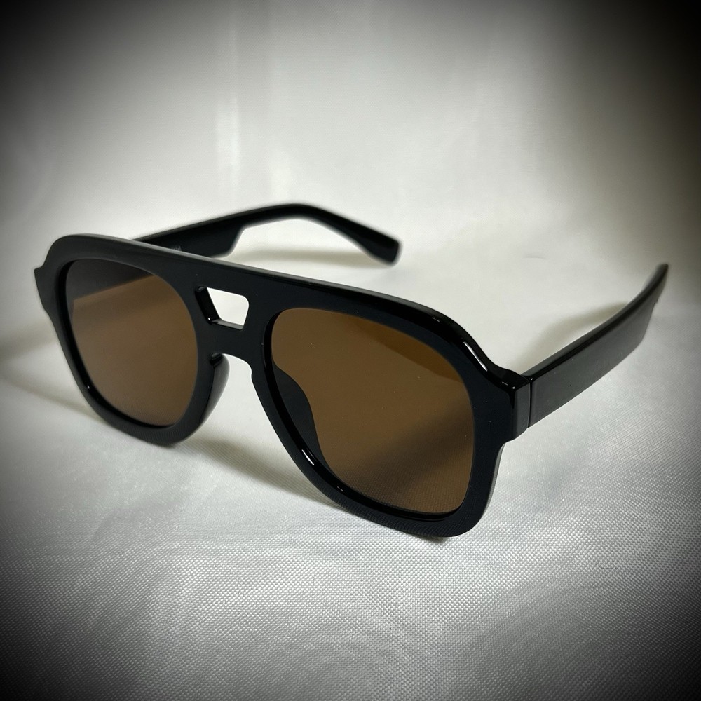Modern Black Navigator Sunglasses – Flat Top Pilot Square Frames – Brown Lens UV