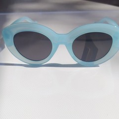Unisex Oval Sunglasses Blue Plastic Frame Black Tinted Lens 141mm Temples