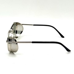 Gothic Steampunk Round Sunglasses Silver & Black Designer Frame & Mirrored Lens
