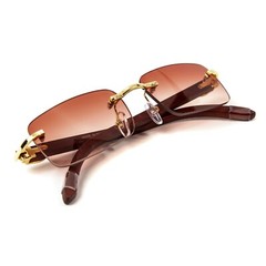 Mens Burgundy Tint Rimless Gold Frame Vintage Hip Hop Woodgrain Sunglasses