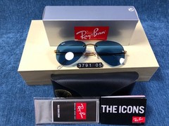 Ray-Ban RB3791 Round Metal Glod Frame Mirror Ice Blue Lenses Sunglasses 001/80