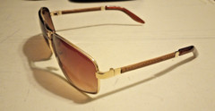 AVIATOR SUNGLASSES GOLD RIM BROWN LENS LEATHER TEMPLE UNKNOWN BRAND ~ FOR PARTS