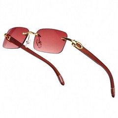 Mens Burgundy Tint Rimless Gold Frame Vintage Hip Hop Woodgrain Sunglasses