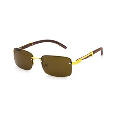 Mens Rimless Rectangular Sunglasses Gold Wood Grain Frame Brown Lens UV400