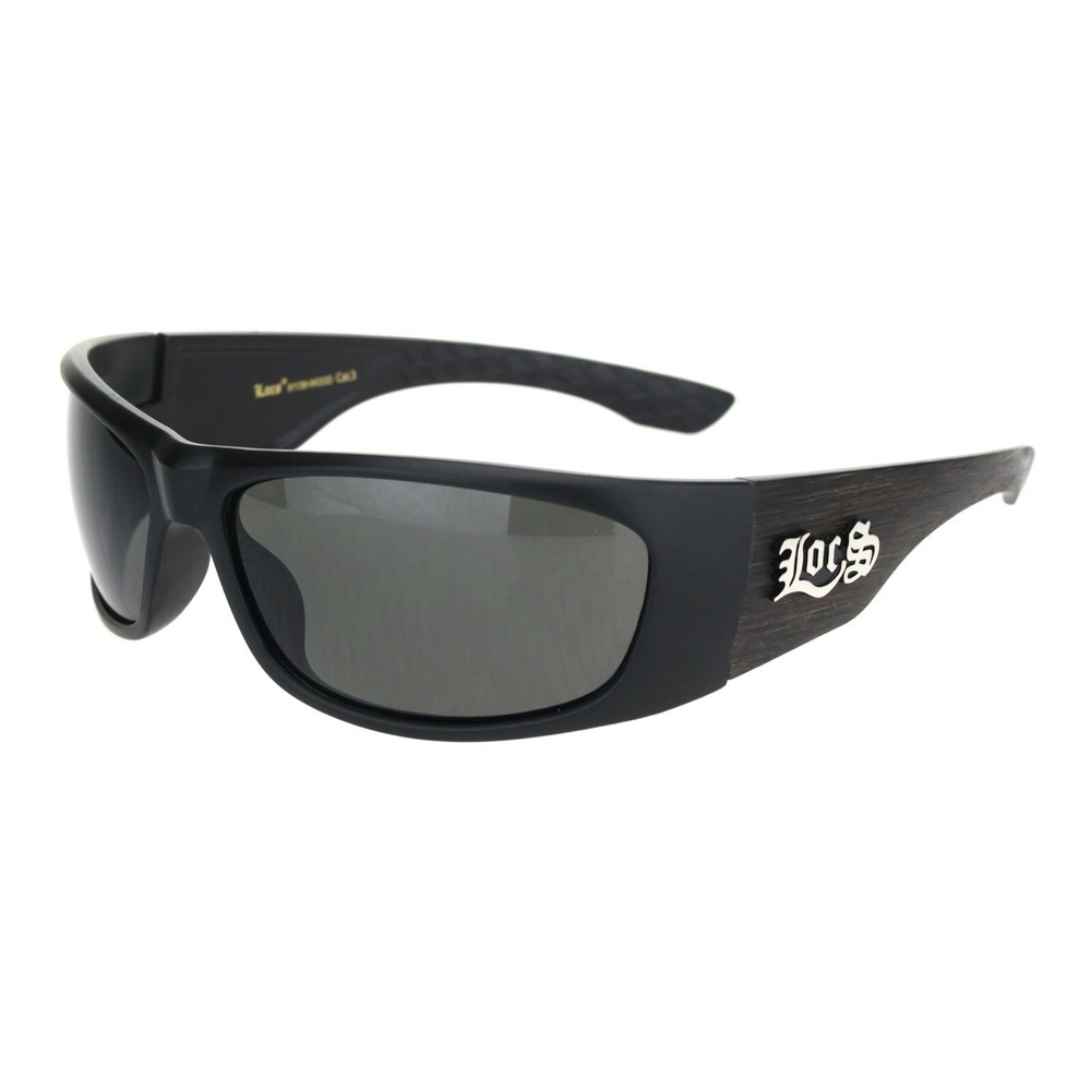 Mens Locs Sunglasses Matte Black Oval Rectangle Wrap Around Brown Wood Pattern
