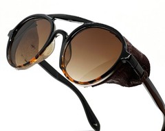 Men’s Women Sunglasses Vintage Steampunk Side Shields Leather Round Retro Shades