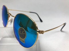 Ray-Ban RB3447 Round Metal Glod Frame Mirror Ice Blue Lenses Sunglasses