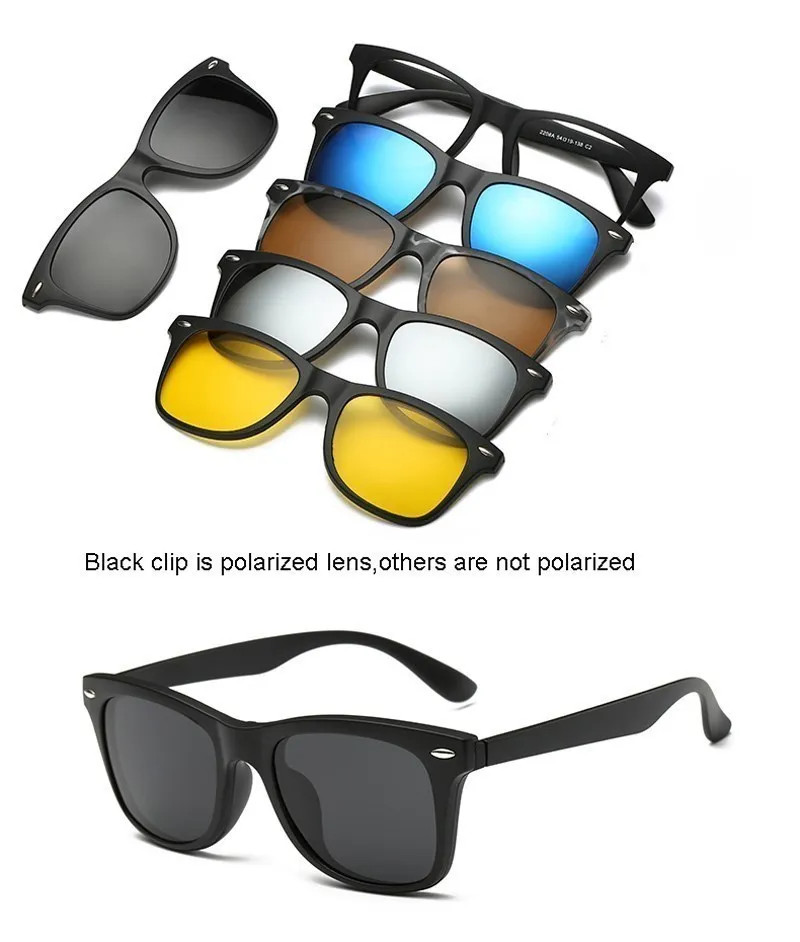 Magnetic Clip Sunglasses Square Polarized UV400 Unisex Optical Set 6 In 1 Glass