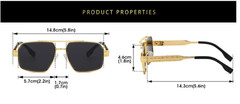Men Sunglasses Classic Black Lens Square Fashion Design Gold Metal Frame Shades