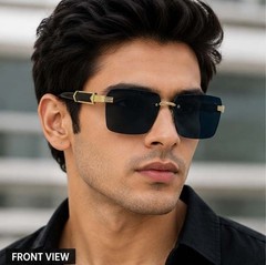 Stylish Black Rimless Square Sunglasses for Men & Women | Luxury Gold Temple UV