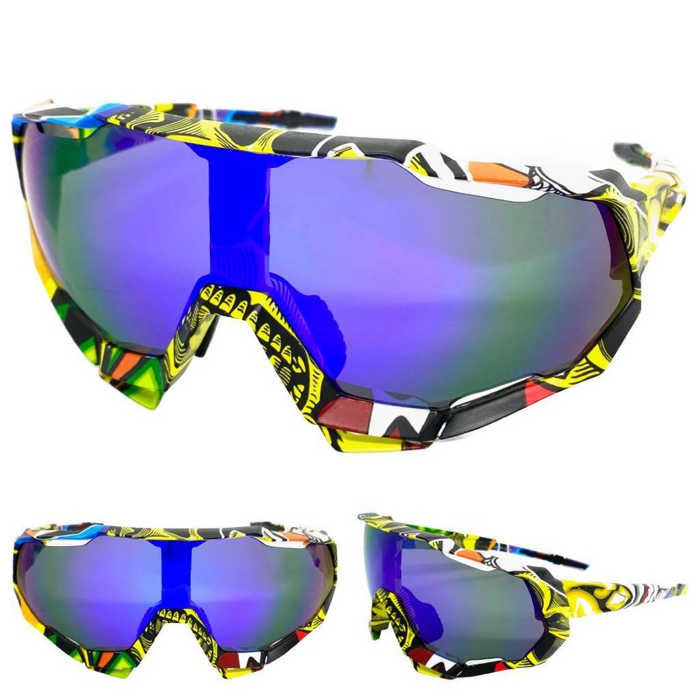 Oversize 90s RETRO SPORTY Wrap Around Style SUN GLASSES GOGGLES Blue Mirror Lens