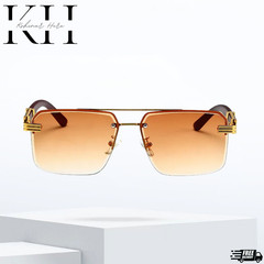 Rimless Sunglasses Rectangle Wood Grain Frame Brown Lens Men Hip Hop Lentes 2026