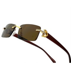 Rimless Sunglasses Wood Grain Frame Gold Accents Brown Lens Men Buffs Hip Hop