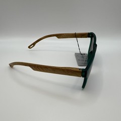 Men’s Square Sunglasses Green Plastic Frame Wood Temples Blue Mirrored UV400