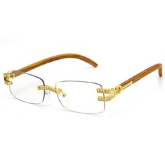 Rimless Sunglasses Men Gold Clear Lens Wood Grain Arm Fashion Eyewear Rap Music