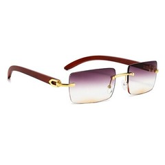 Retro Burgundy Gradient Tint Rimless Gold Frame Rectangle Woodgrain Sunglasses