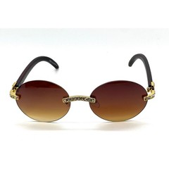 Rimless Sunglasses Oval Lens Wood Grain Frame Rhinestone Accents Men Women Gafas
