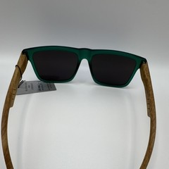 Men’s Square Sunglasses Green Plastic Frame Wood Temples Blue Mirrored UV400