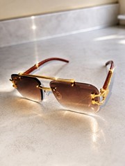 Unisex Luxury Rimless Sunglasses Gold Frame Wood Arm Brown Gradient UV400
