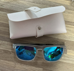 Men’s Square Sunglasses Clear Plastic Frame Blue Mirrored Lenses w/ Case