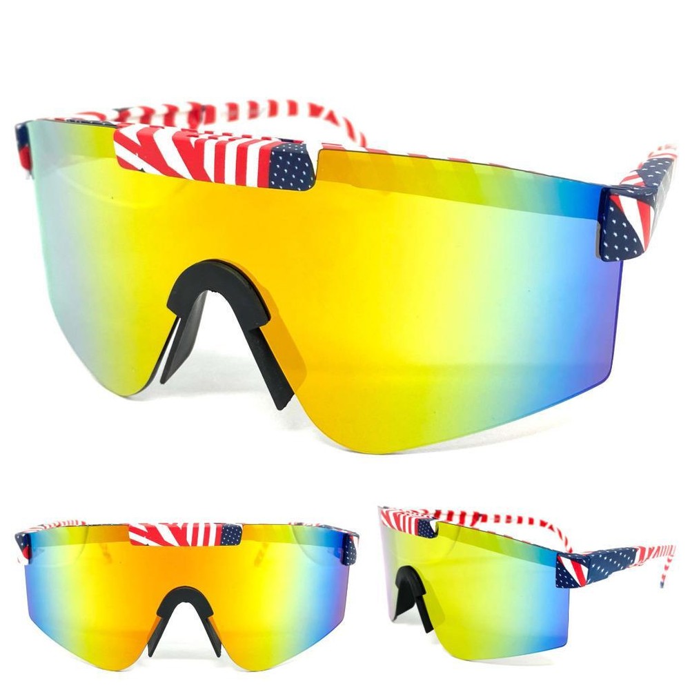 Oversized RETRO WRAP SUN GLASSES Big Patriotic American USA Flag Frame Gold Lens