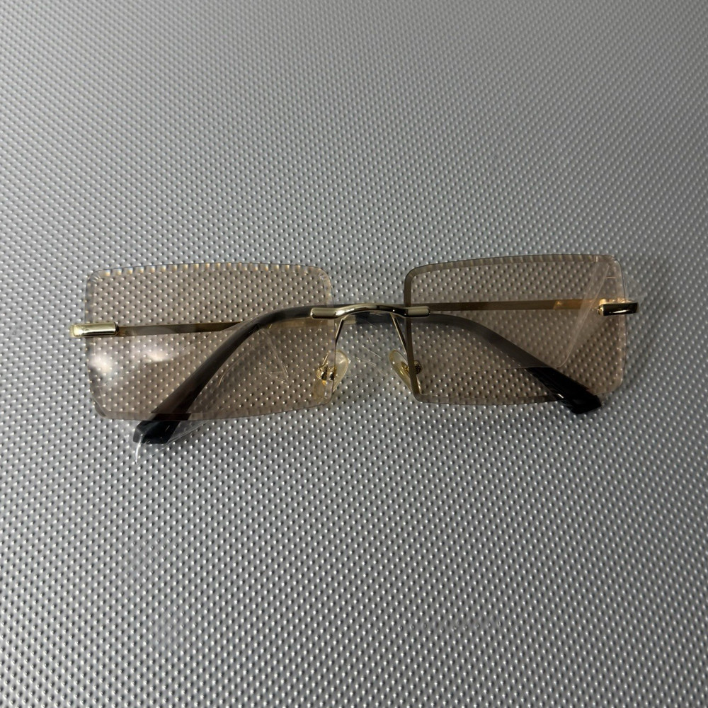 Men’s Rimless Rectangle Sunglasses Gold Metal Frame Clear Tinted B1