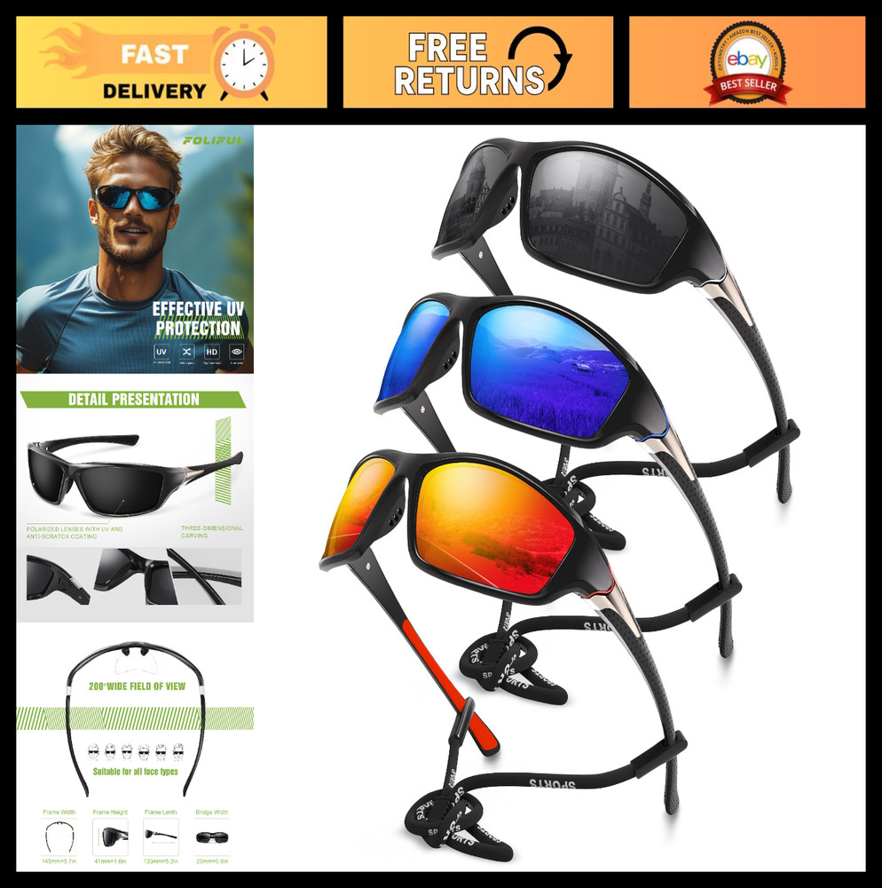 3 Pack Polarized Sports Sunglasses for Men – UV Protection Wrap Around for Cycli