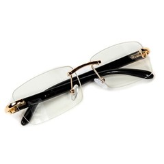 Men’s Black Wood Grain Gold Frame Rectangle Rimless Clear Tint Glasses