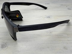 Polarized Sunglasses Black Frame Black/Blue Wood Grain Look Temples Gray Lens