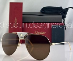 Cartier Santos CT0166S 010 Aviator Sunglasses Gold Brown Lens White 60mm NEW