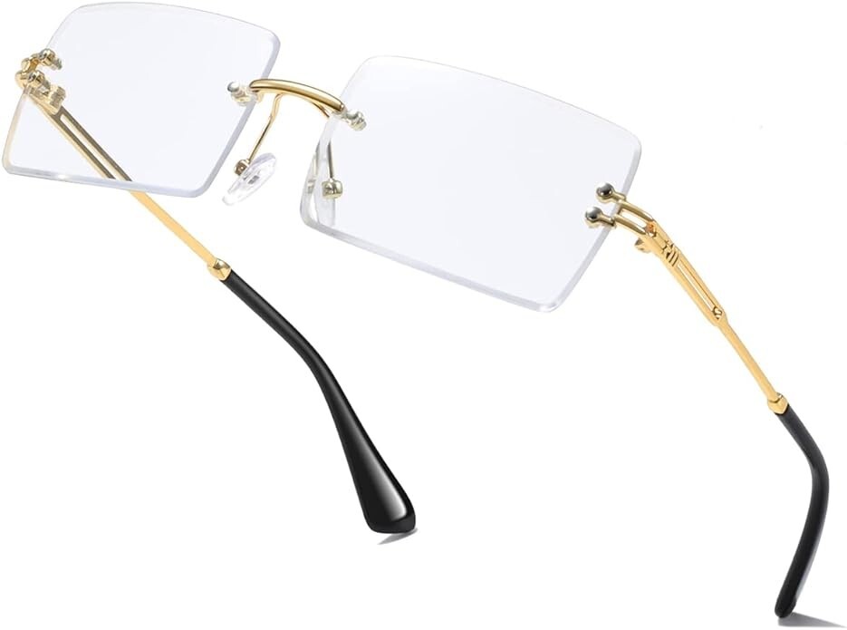 Men Vintage Rimless Small Rectangular Gold Frame Dark Blue Lens Tint Sunglasses
