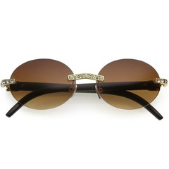 Rimless Sunglasses Oval Lens Wood Grain Frame Rhinestone Accents Men Women Gafas