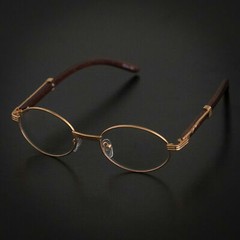 Mens Hip Hop 18k Gold Frame Oval Shape Clear Lens Wood Grain Retro Eye Glasses