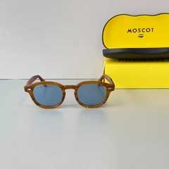Moscot Lemtosh Wood Grain Frame Blue Lens Sunglasses Handmade Unisex