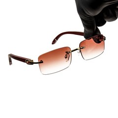 Mens Burgundy Tint Rimless Gold Frame Vintage Hip Hop Woodgrain Sunglasses