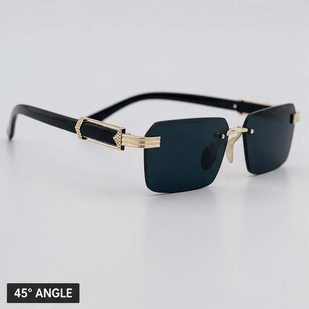 Stylish Black Rimless Square Sunglasses for Men & Women | Luxury Gold Temple UV