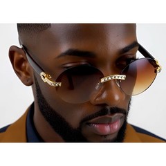 Rimless Sunglasses Oval Lens Wood Grain Frame Rhinestone Accents Men Women Gafas