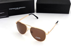 Polarized Porsche Modern Round Metal Aviator Sunglasses Gold Frame Brown PH14
