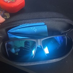 Men’s Wrap Sunglasses, White Plastic Frame, Blue Mirrored Lenses, Solid