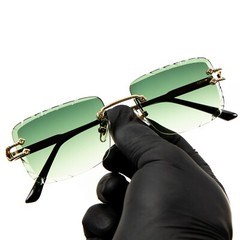 Rimless 90s Green Tinted Lens Men’s Women’s Retro Frameless Square Sunglasses
