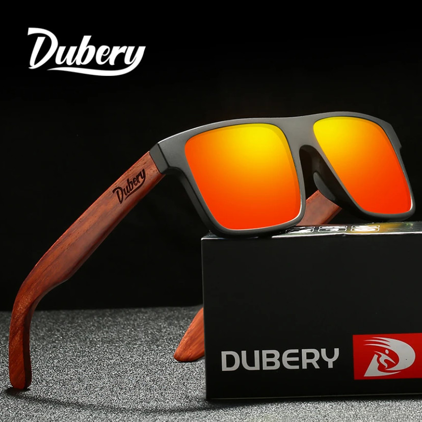 DUBERY Wood Polarized Square Sunglasses Men Women Wooden Temple Classic Glasses