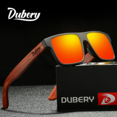 DUBERY Wood Polarized Square Sunglasses Men Women Wooden Temple Classic Glasses